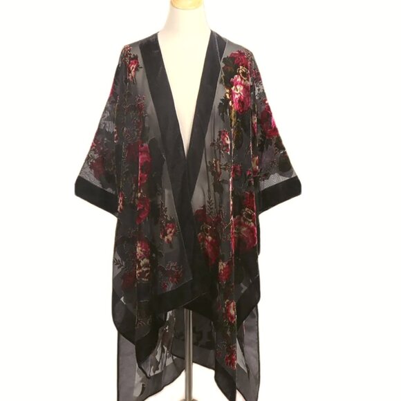 Romantic Black Rose Velvet Burnout Kimono Shawl, Boho Fall Cardigan - Picture 2 of 7